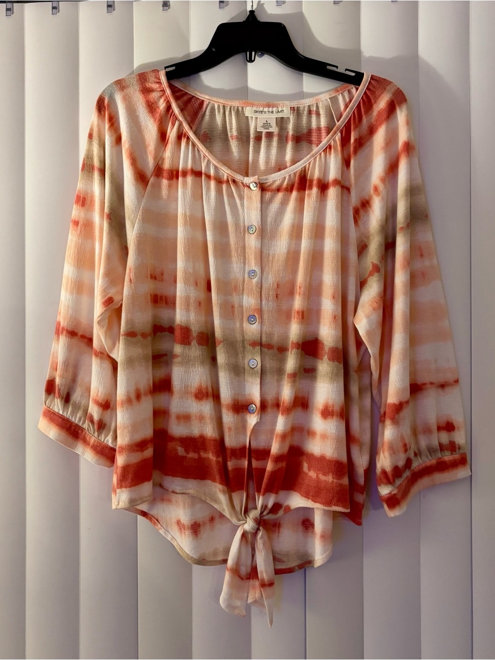 Skye's the Limit Coral, Tan, and Cream Colored Women’s Top with Tie-Front Size L